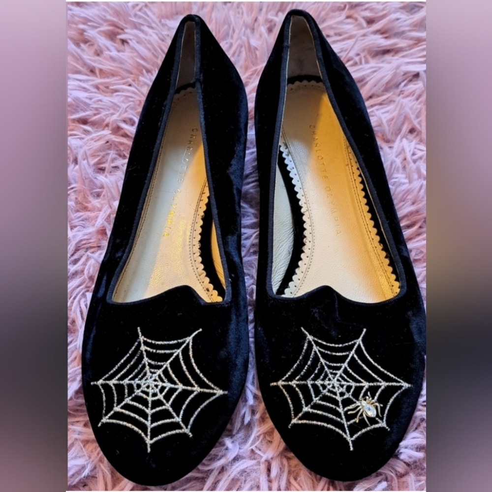 Charlotte Olympia Black Velvet Spiderweb Embroidered Flats